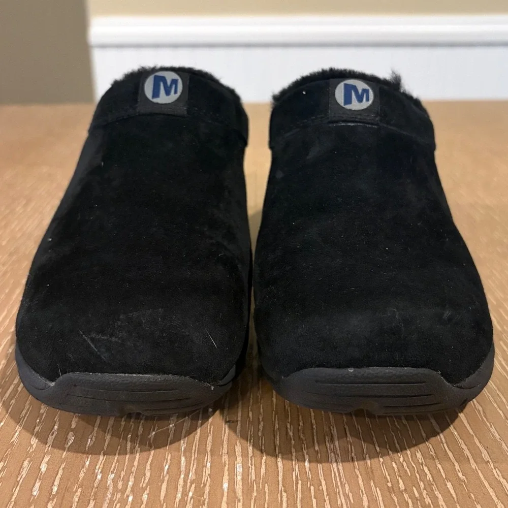 Merrell Women's 7 Black Suede Faux Fur Lined Slip On Clogs Comfort Shoes - Picture 2 of 7